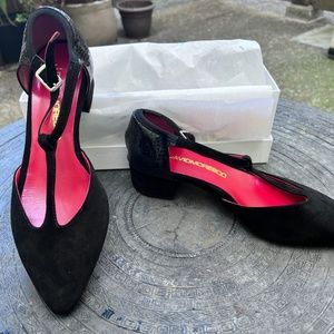 NWT J. David Moresco Italian Mary Jane Heels – Black Suede + Snakeskin – Size 37